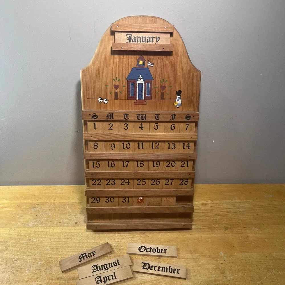 Vtg Hand Painted Wooden Perpetual Calendar Schoolhouse Folk Art Wall Hanging
